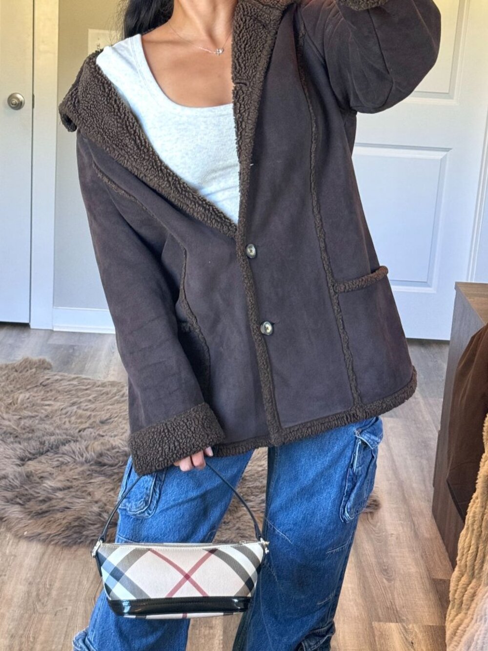 LL Bean Espresso Brown Sherpa Lined Suede Shearling Coat Womens L Chore Cottage
